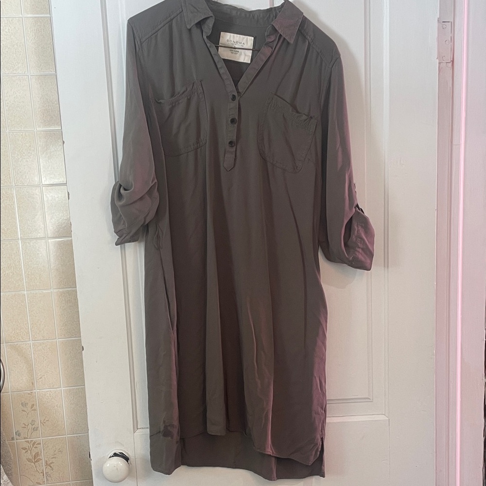 Elegant Button Down Dress olive green dress with sleeves and pockets